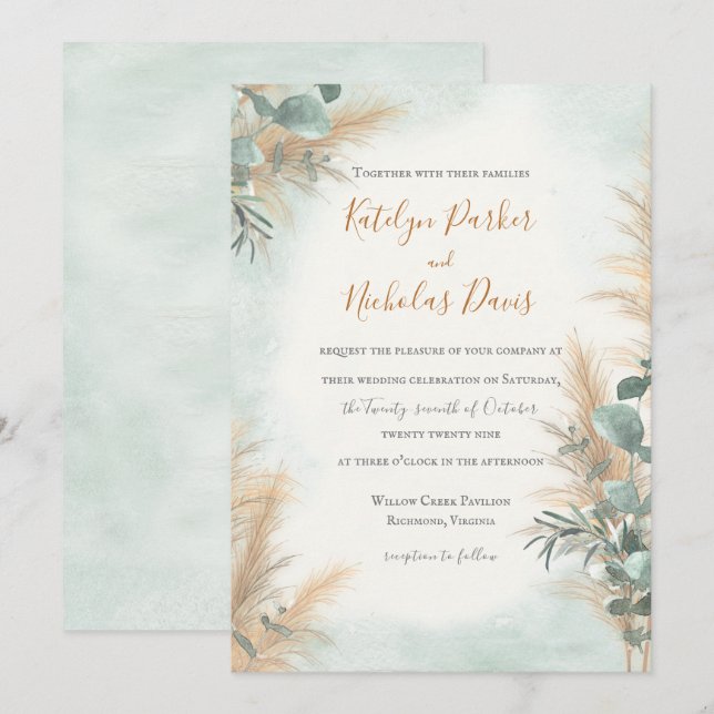 Invitación Pampas Grass Eucalyptus Greenery Boho Boda (Anverso / Reverso)