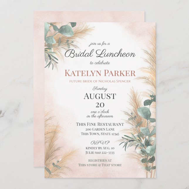 Invitación Pampas Grass Eucalyptus Greenery Bridal Luncheon (Anverso / Reverso)