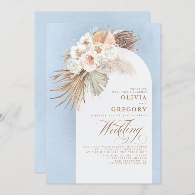 Invitación Pampas Grass Floral Elegante Boda azul turbio (Anverso / Reverso)