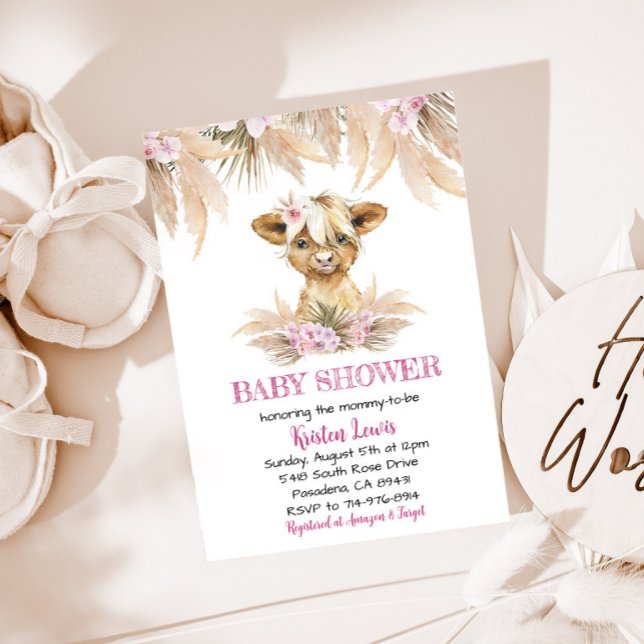 Invitación Pampas Grass Floral Highland Cow Boho Baby Shower (Subido por el creador)