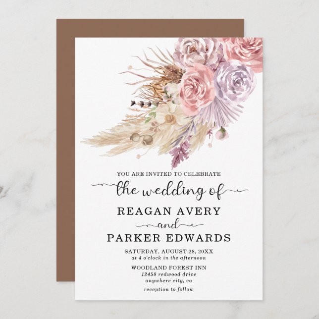 Invitación Pampas Grass Floral Rosa Púrpura Boda (Anverso / Reverso)