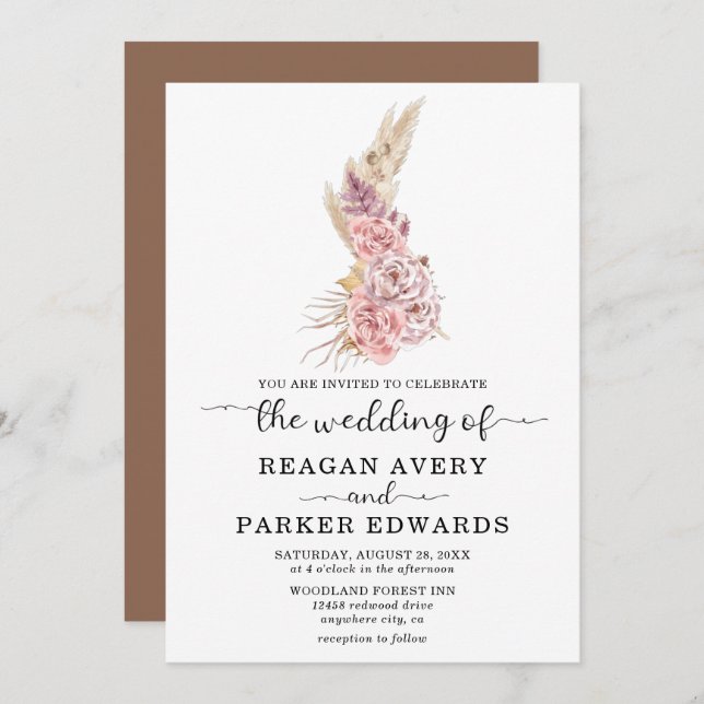 Invitación Pampas Grass Floral Rosa Púrpura Boda (Anverso / Reverso)