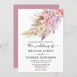 Invitación Pampas Grass Floral Rosa y Boda Púrpura