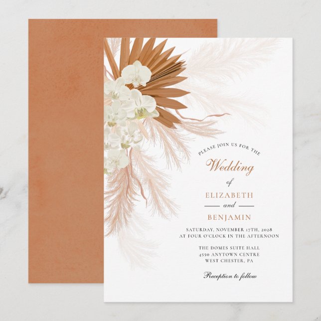 Invitación Pampas Grass Floral Tan Boda (Anverso / Reverso)