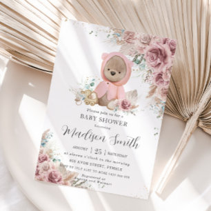 Invitación Pampas Grass Floral Teddy Bear Chica Baby Shower