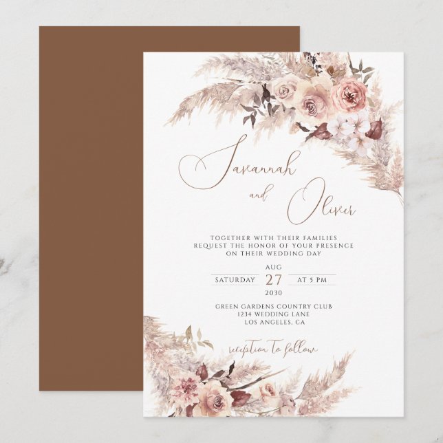 Invitación Pampas Grass Floral Terracotta Bohemiana Boda (Anverso / Reverso)