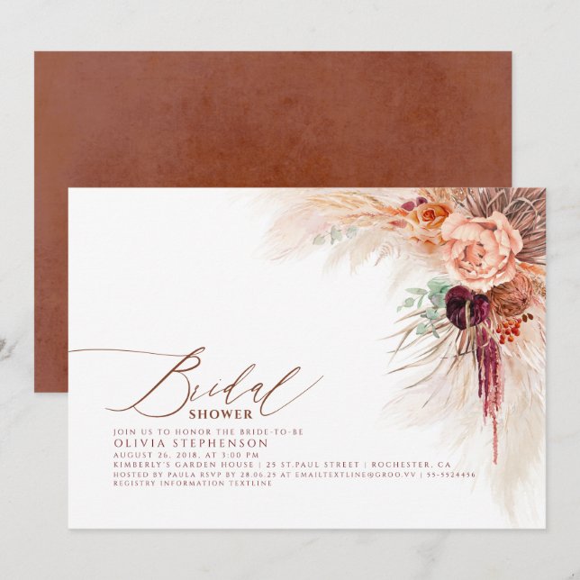 Invitación Pampas Grass Floral Terracotta Bridal Shower (Anverso / Reverso)