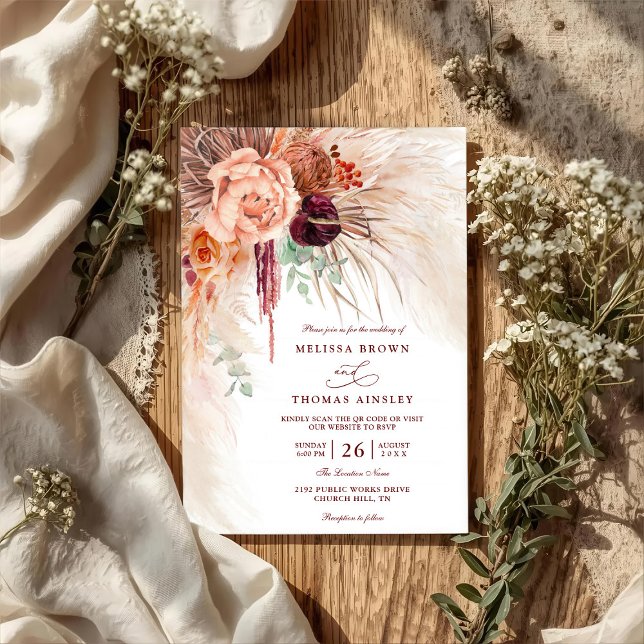 Invitación Pampas Grass Floral Terracotta QR Code Wedding (Subido por el creador)