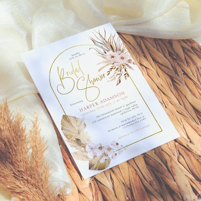 Invitación Pampas Grass & Gold Arch Boho Floral Bridal Shower (Subido por el creador)