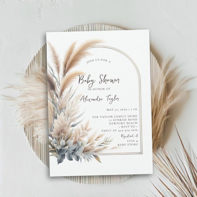 Invitación Pampas Grass Greenery Arch Neutral Baby Shower (pampas grass baby shower invitation gender neutral watercolor greenery botanical foliage simple boho)