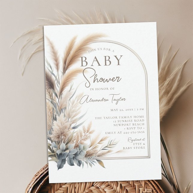Invitación Pampas Grass Greenery Boho Neutral Baby Shower (pampas grass baby shower invitation gender neutral watercolor greenery botanical foliage boho chic)