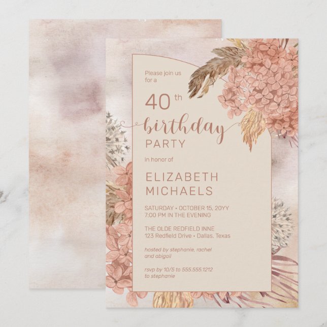 Invitación Pampas Grass Hydrangeas Blooms 40.º Fiesta de cump (Anverso / Reverso)