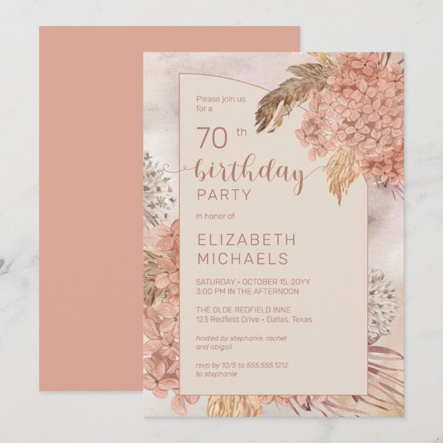 Invitación Pampas Grass Hydrangeas florece fiesta de cumpleañ (Anverso / Reverso)