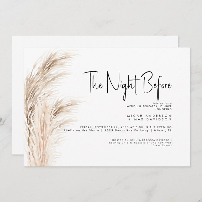 Invitación Pampas Grass La Noche Antes De La Cena Del Ensayo (Anverso / Reverso)