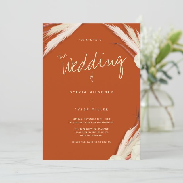 Invitación Pampas Grass Leaves Boda Naranja quemado (Anverso de pie)