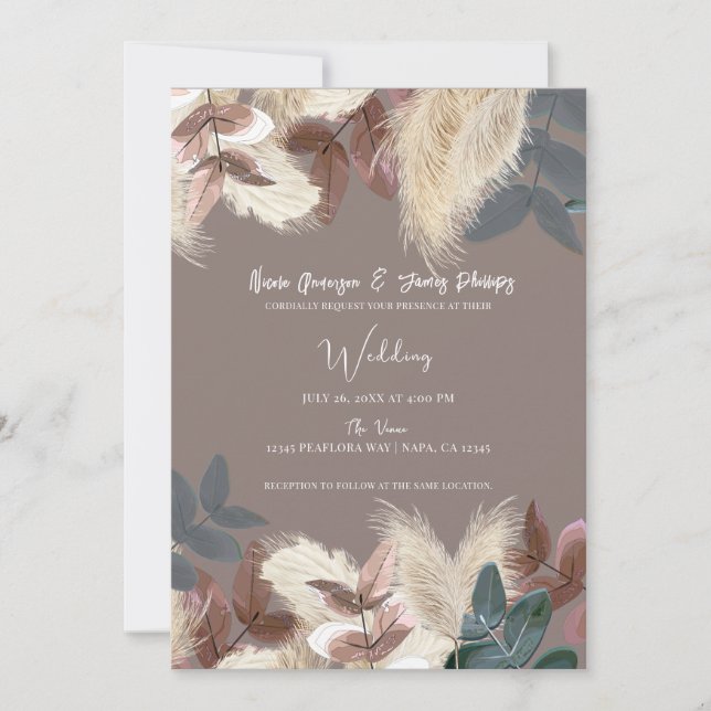 Invitación Pampas Grass & Leaves Earthy Bohemira Boda (Anverso)