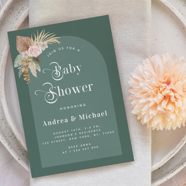 Invitación Pampas Grass Moss Green Boho Arch Baby Shower (Subido por el creador)