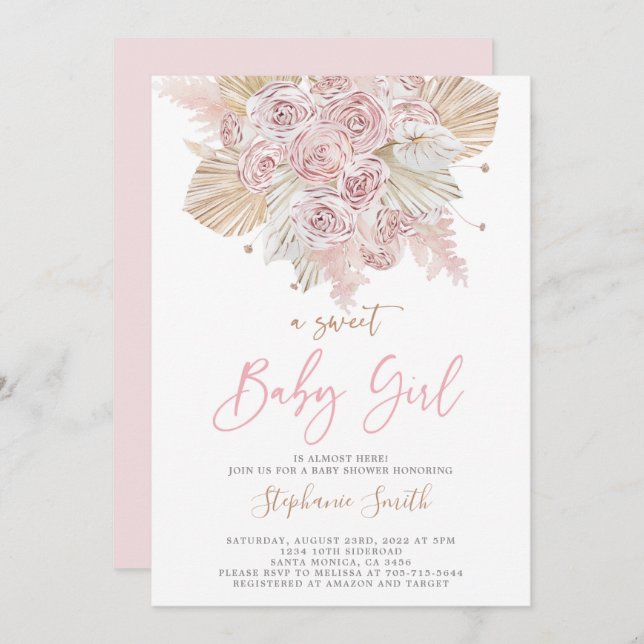 Invitación Pampas Grass Pink Baby Shower chica (Anverso / Reverso)