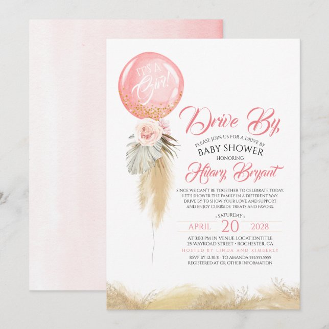 Invitación Pampas Grass Pink Balloon Drive De Baby Shower (Anverso / Reverso)