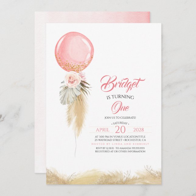 Invitación Pampas Grass Pink Floral Balón Exótico Cumpleaños (Anverso / Reverso)