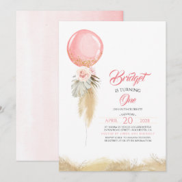 Invitación Pampas Grass Pink Floral Balón Exótico Cumpleaños