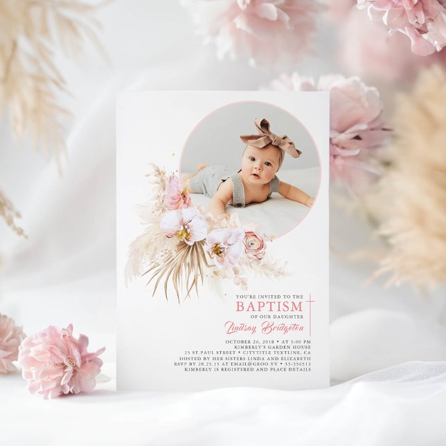 Invitación Pampas Grass Pink Floral Baptism Foto (Floral Elegant Modern Baptism Photo Invitations for Girl)