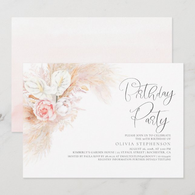 Invitación Pampas Grass Pink Floral Cualquier cumpleaños de e (Anverso / Reverso)