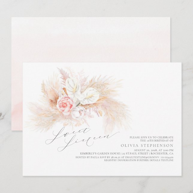 Invitación Pampas Grass Pink Floral Sweet Dieciséis Cumpleaño (Anverso / Reverso)