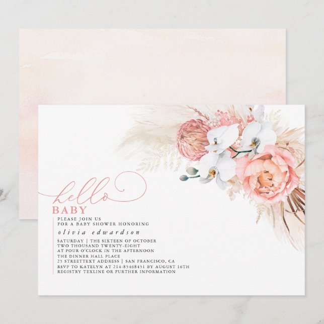 Invitación Pampas Grass Pink Hello Baby Shower (Anverso / Reverso)