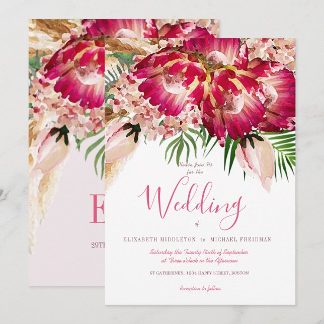 Invitación Pampas Grass Protea Floral Boda rosa moderno (Anverso / Reverso)