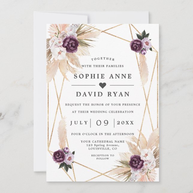 Invitación Pampas Grass Purpl Dorado Floral Todo En Un Boda (Anverso)
