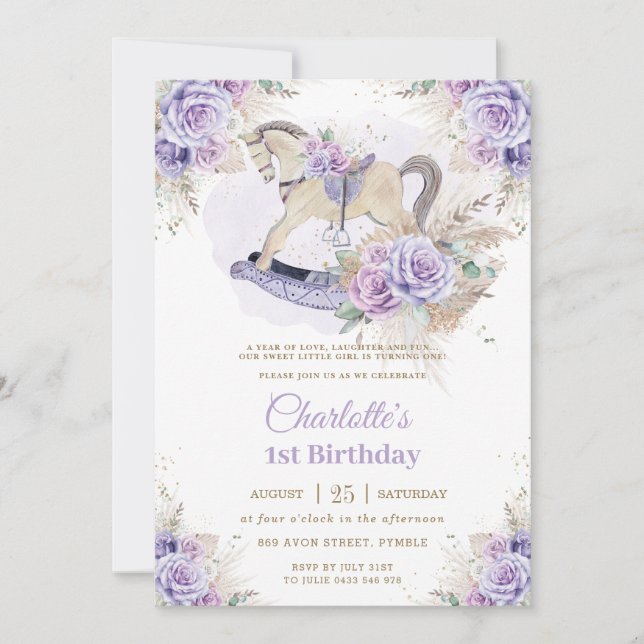 Invitación Pampas Grass Purple Floral Roca Hípica Cumpleaños (Anverso)