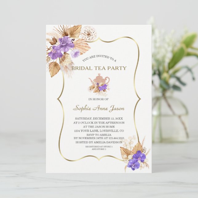 Invitación Pampas Grass Purple Orchid Gold Bridal Tea Fiesta (Anverso de pie)