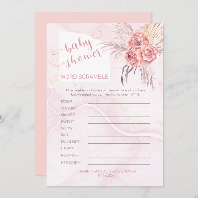 Invitación Pampas Grass |Rosa Bloom Baby Shower Word Scramble (Anverso / Reverso)