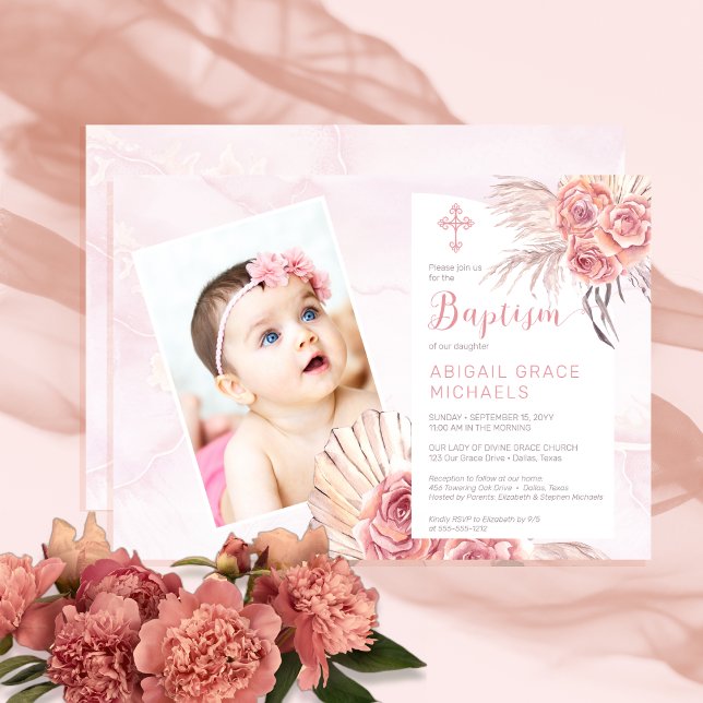 Invitación Pampas Grass | Rosa Chica de florecimiento Baptism (Pampas Grass Rose Blooms Girl Baby Photo Baptism Invitation)
