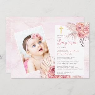 Invitación Pampas Grass   Rosa Chica de florecimiento Baptism