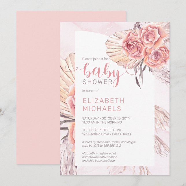 Invitación Pampas Grass |Rosa rosa Chica Baby Shower (Anverso / Reverso)