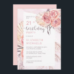 Invitación Pampas Grass |Rosa rosa florece Fiesta de cumpleañ<br><div class="desc">Arroz rosa rosada seca a la acuarela,  pampas y hojas de palma florales "Fiesta de cumpleaños 21" diseño de cumpleaños de la mujer. Diseño compuesto por Holiday Hearts Designs (derechos reservados).</div>
