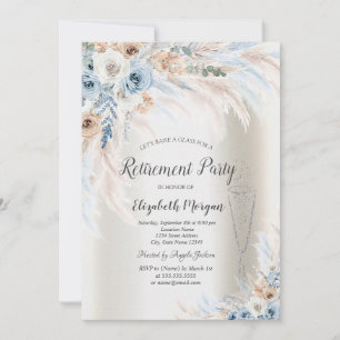 Invitación Pampas Grass Rosas Azules Vidrio Marfil Jubilación