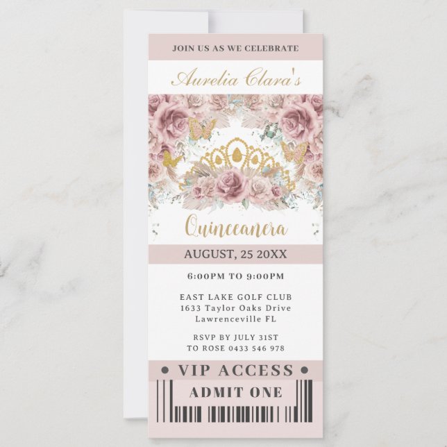 Invitación Pampas Grass Rosas Quinceañera Sweet 16 VIP Ticket (Anverso)