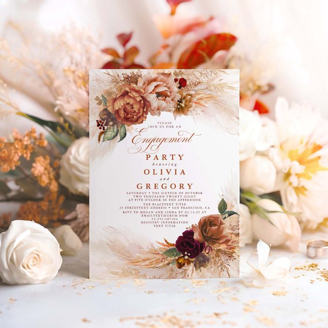 Invitación Pampas Grass Rust Terracotta Engagement Party (Terracotta Boho Engagement Party Invitations)