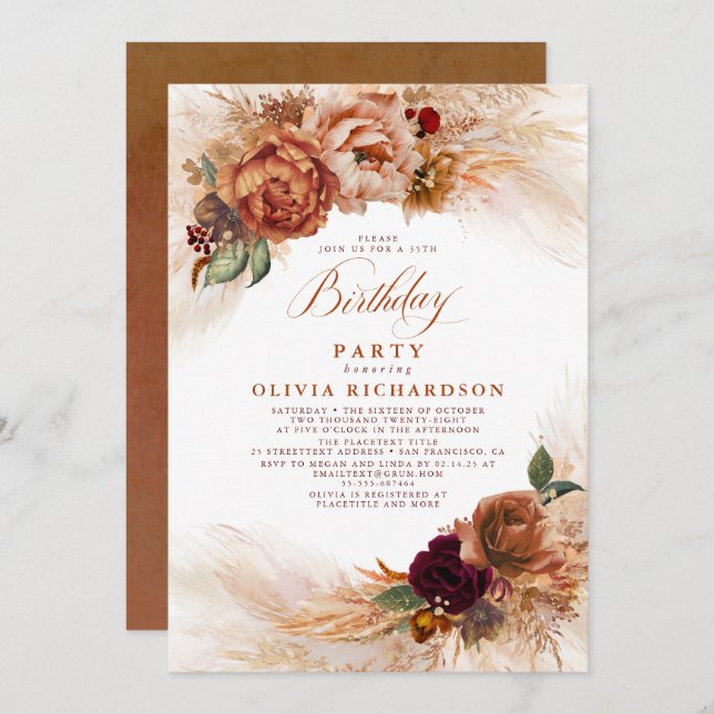 Invitación Pampas Grass Rust Terracotta Fall Birday Party (Anverso / Reverso)