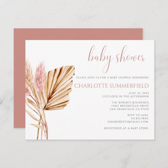Invitación Pampas Grass Rustic Boho Floral Baby Shower (Anverso / Reverso)
