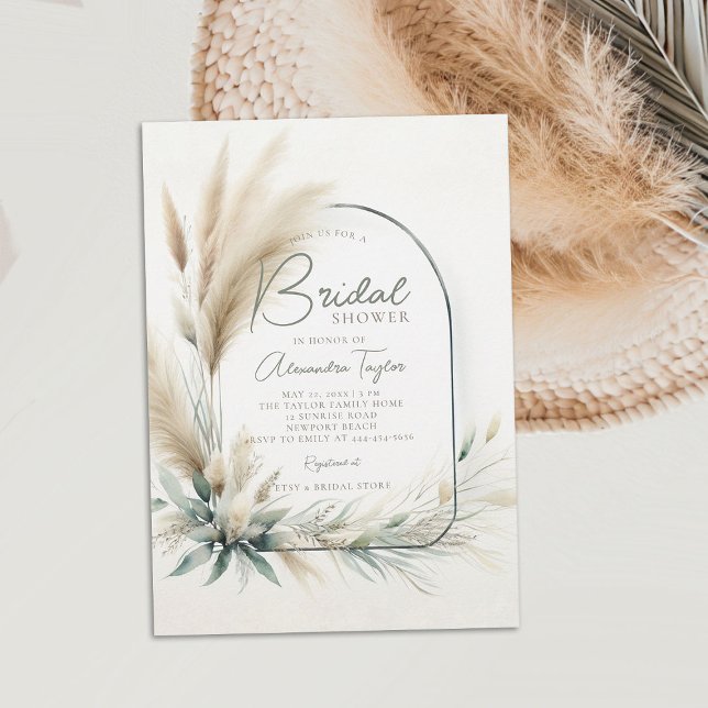 Invitación Pampas Grass Sage Green Boho Arch Shower (pampas grass bridal shower invitation boho arch dried flowers sage green white minimalist bohemian)