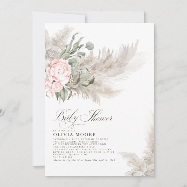Invitación Pampas Grass Sage Greenery Floral Boho Baby Shower (Anverso)