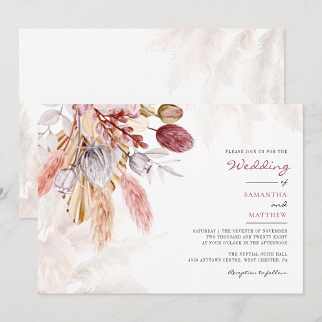 Invitación Pampas Grass Tan Floral Rustic Boda (Anverso / Reverso)