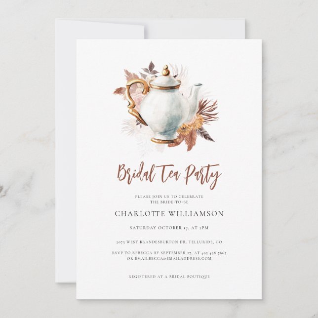 Invitación Pampas Grass Teapot Bridal Tea Fiesta (Anverso)