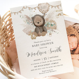 Invitación Pampas Grass Teddy Bear Género Neutral Baby Shower