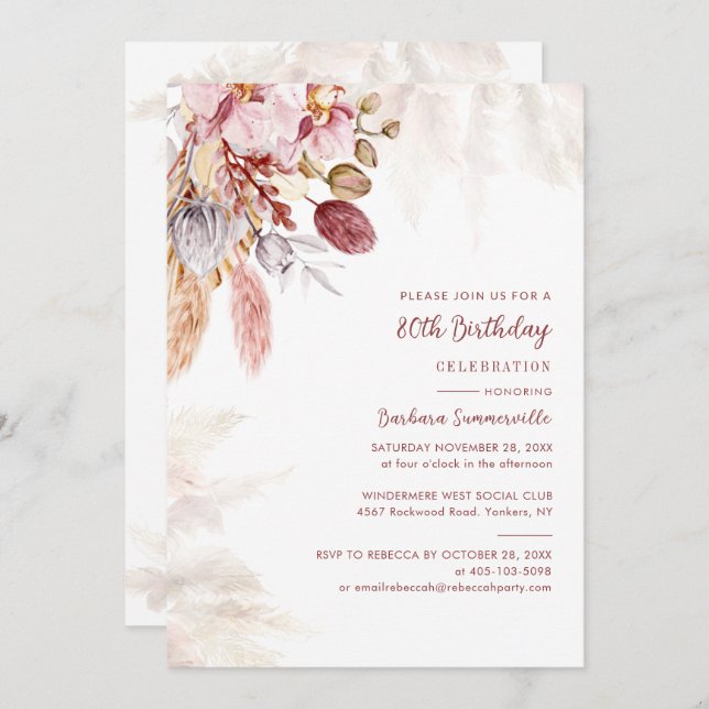 Invitación Pampas Grass Terracotta 80 cumpleaños (Anverso / Reverso)