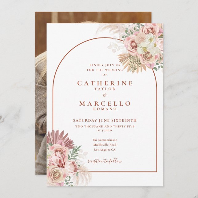 Invitación Pampas Grass Terracotta Arch Floral Photo Boda (Anverso / Reverso)